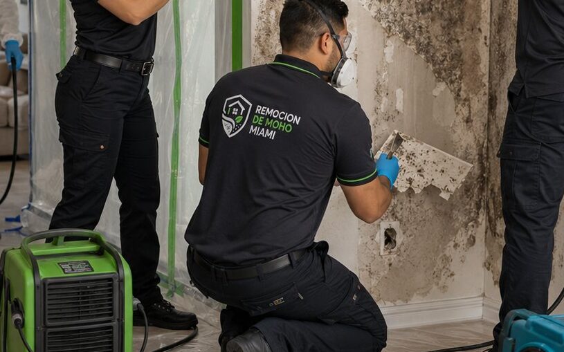 Técnico removiendo moho de pared con humedad detrás del baño en Miami