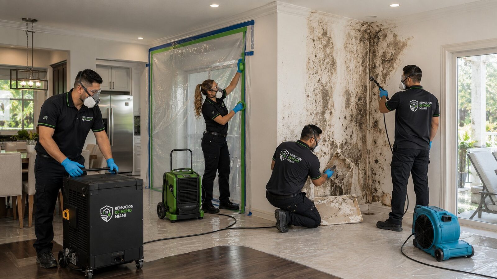 Equipo instalando contención y deshumidificadores contra moho por humedad en cocina de Miami