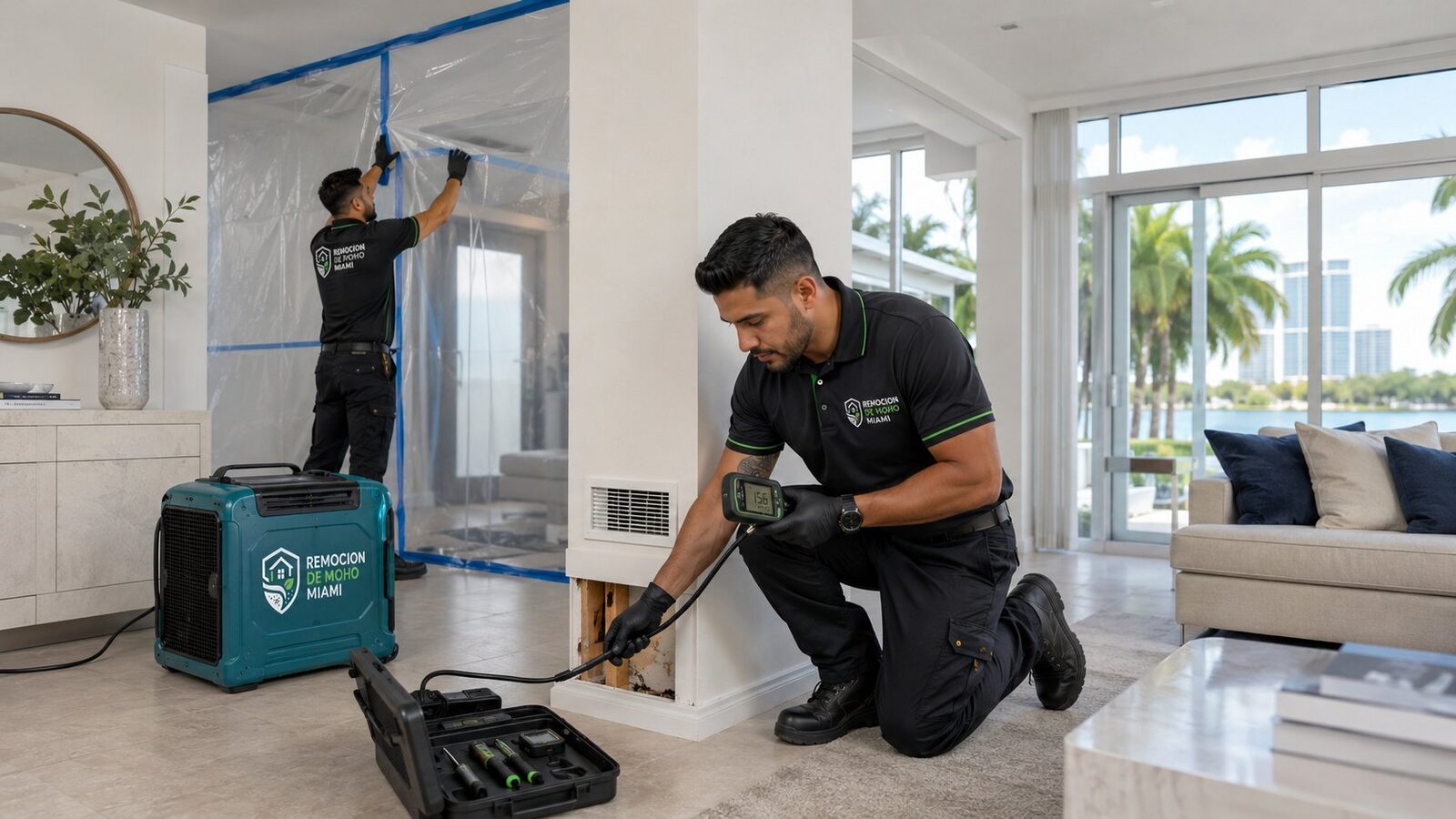 Inspector profesional usando medidor de humedad detrás de pared en hogar de Miami