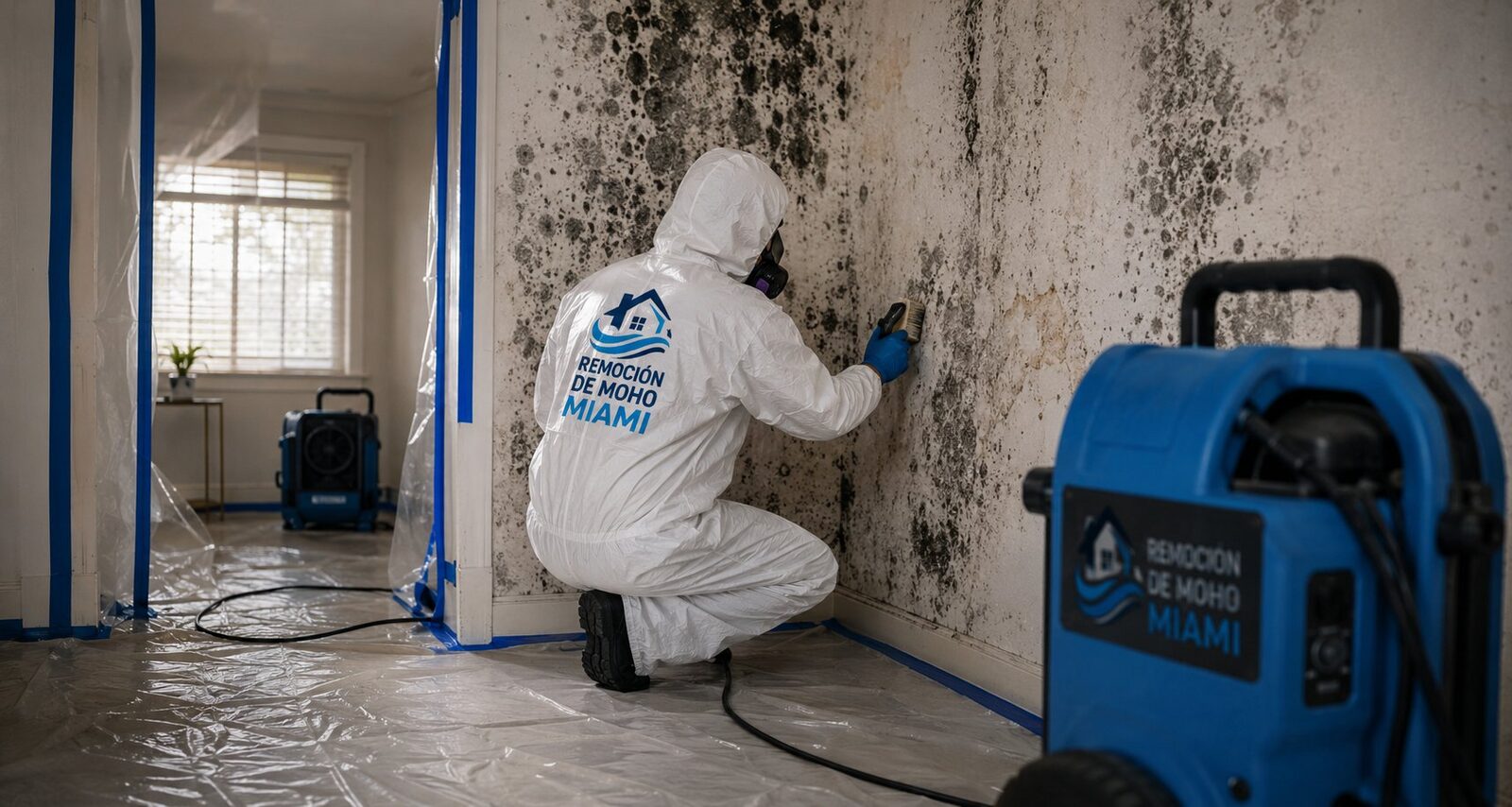 Técnico con traje Tyvek removiendo moho negro Stachybotrys de pared en Miami