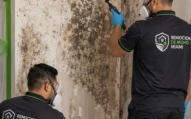 Técnicos removiendo moho de pared interior con drywall dañado en Miami