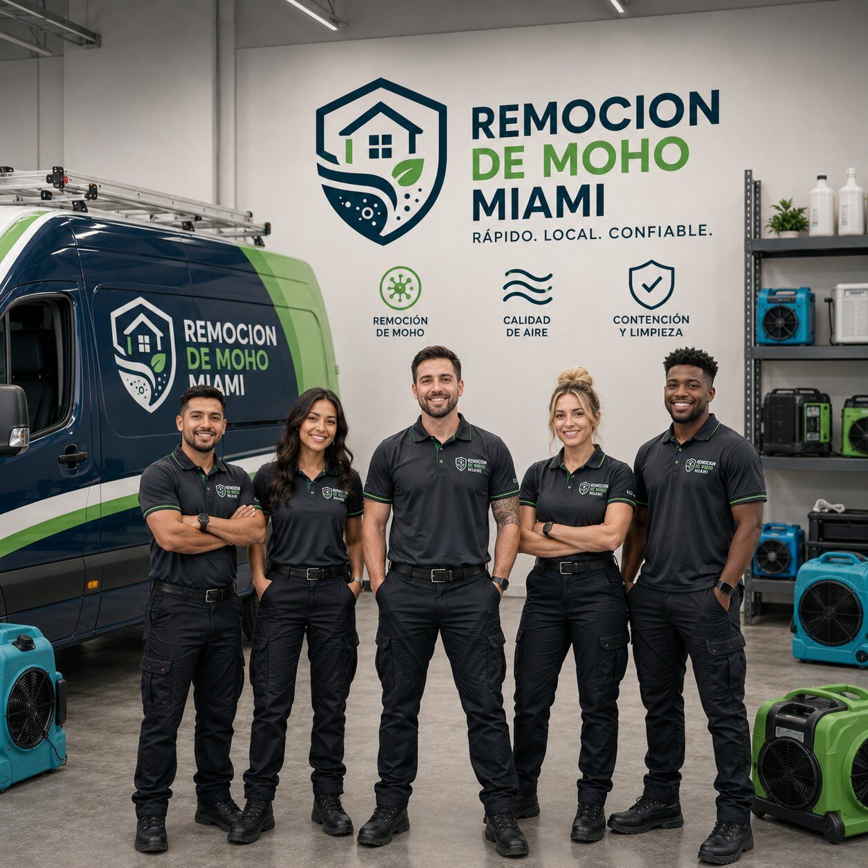 Equipo profesional de Remoción De Moho Miami en almacén con flota y equipos certificados